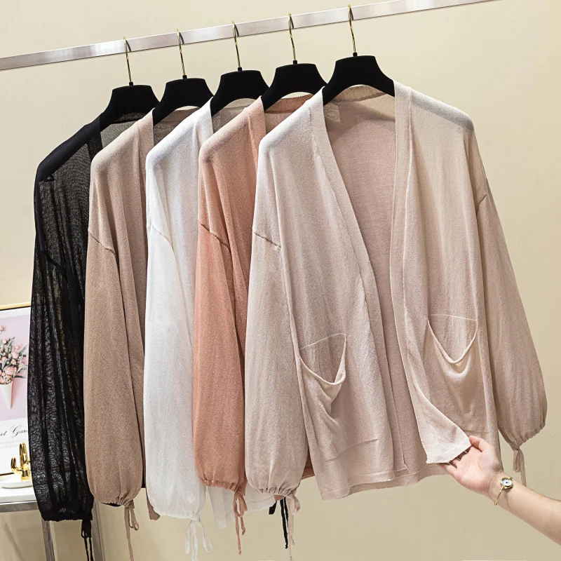 

Lazy Wind Women Knitted Cardigan Spring Summer Korean Casual Drawstring Pockets Design Puff Sleeve Sun-proof Cardigan feminino