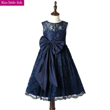 ; Новинка г.; темно-синие кружевные платья с цветочным узором для девочек; праздничные и свадебные платья для девочек