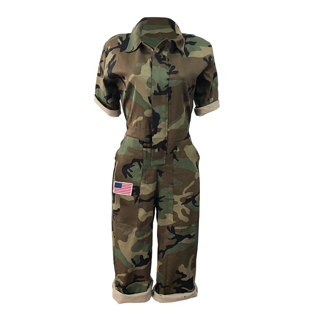 

Women Short Sleeves Camouflage Print American Flag Casual Mid Short Camouflage Jumpsuits Size Plus Fashion 2019 New Spring