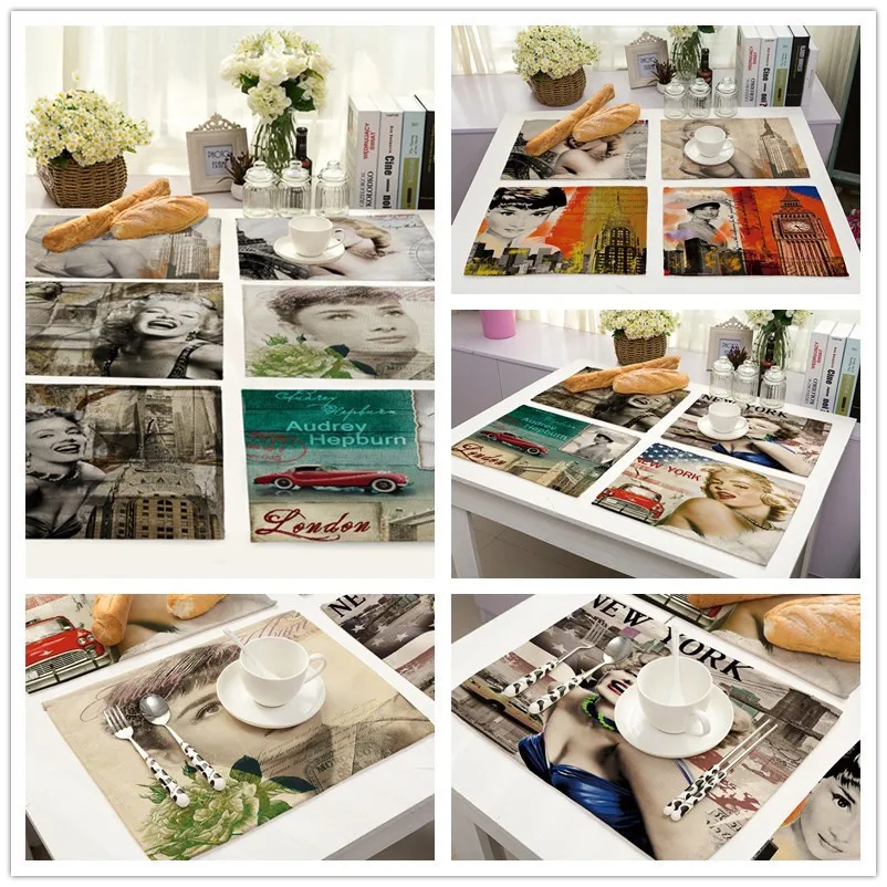 

Cotton Linen Art Placemat Insulation Mat Marilyn Monroe Audrey Hepburn Print Retro Tableware Pad Dining Table Accessories