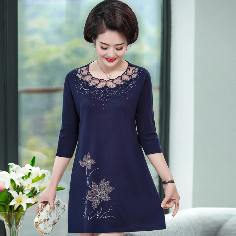 

Middl Aged Women Print Sweater Dress Spring Autumn Sexy 3/4 Sleeve Bodycon Dresses Elastic Hollow Out Knitted Dress Plus Size