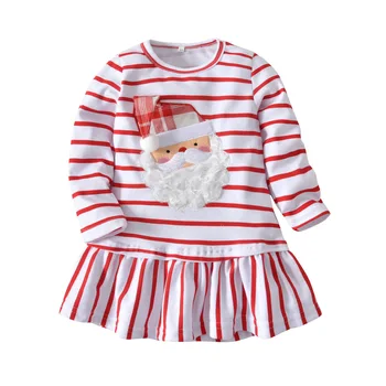 

Cross-Border Children's Clothing European And American Girls Red Striped Christmas Old Man Applique Long-Sleeve