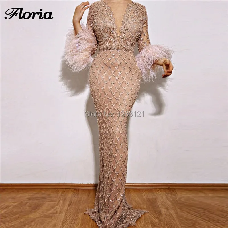 Buy Feathers Evening Dresses Arabic Full Sleeve Sexy
