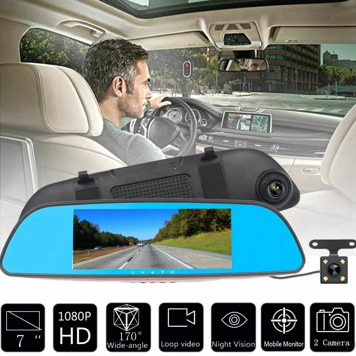

7" TFT LCD Screen FHD 1080P Dual Lens Car DVR 170 Degree Wide Angle Dash Cam Video Recorder + Parking Rear View Mirror Camera