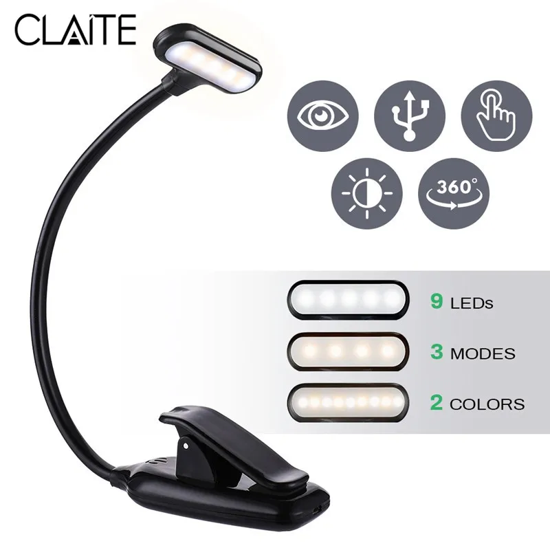 

CLAITE Portable 9 LED Hand Motion Dimmable Reading Night Lamp USB Rechargeable Eye-care Light with 3 Modes for Desk Bedside