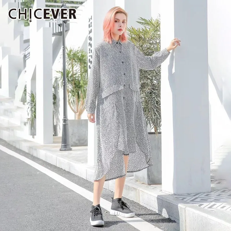 

CHICEVER Spring Casual Dot Print Chiffon Women Dress Square Collar Long Sleeve Button Loose Slim Female Shirt Dresses 2019 New