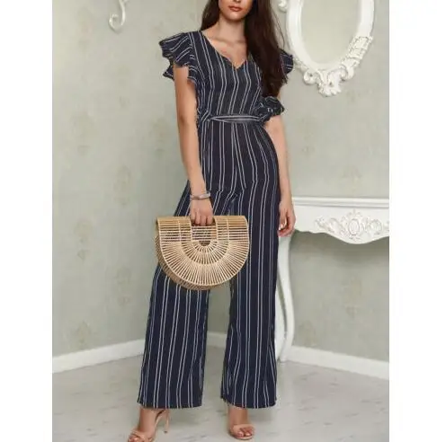 

Women Lady V Neck Loose Playsuit Party Ladies Romper Sleeveless Long Jumpsuit Sleeveless High Waisted Vertical Stripe Jumpsuit