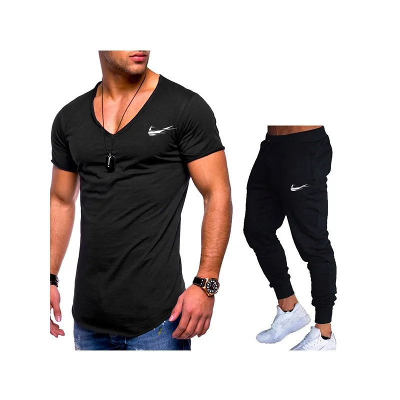 

New Summer Men's suit V-neck short sleeves Men T Shirts+pants Suits Men cotton Tops Tees Fashion Brand just Tshirt Sportswear