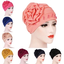 Стиль повязка на голову женская мусульманские банданы имитация жемчуга Раффлед шарф шапки Хемо большой цветок женский тюрбан 1 шт
