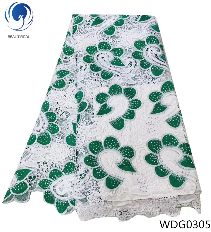 

BEAUTIFICAL guipure cord lace fabrics green and white for party embroidery african 5yards guipure lace fabric rhinestones WDG03