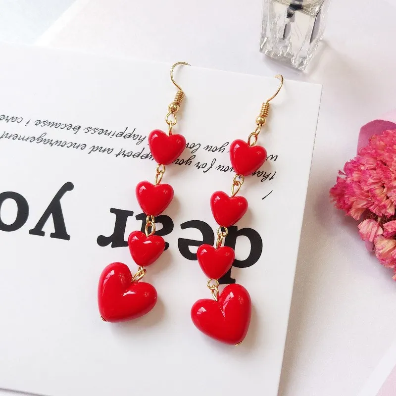 

Korean Style Love Heart Pendant Long Tassel Earrings Red Peach Heart Drop Earrings For Women Girls Best Gift