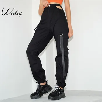 

Sexy Women Black High Waist Pencil Pants Pockets Patckwork Hollow Out Trousers Womens Fashion Streetwear Cargo Pants Women
