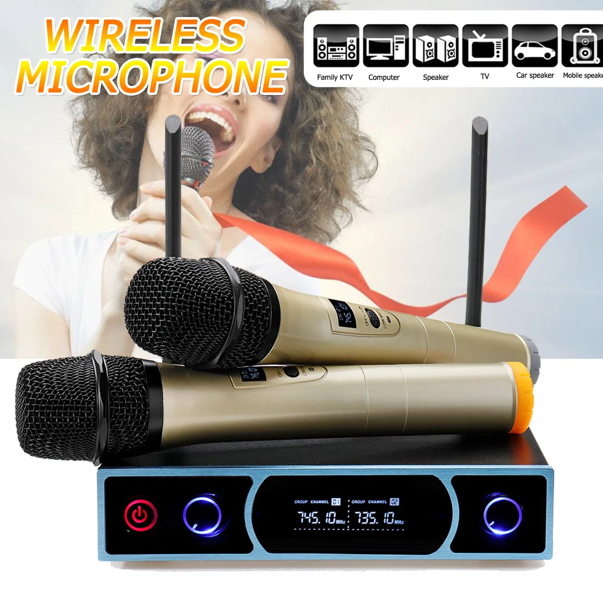 

LEORY VHF Wireless Microphone System LCD Display Receiver 2 Handheld Cordless Microphone Family Video for Karaoke KTV