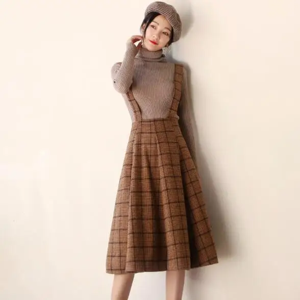 

Japan Mori Girl Sundress Autumn Korean Fashion Women Sleeveless Vest Brown Plaid Woolen Winter Dresses Spaghetti Strap Vestidos