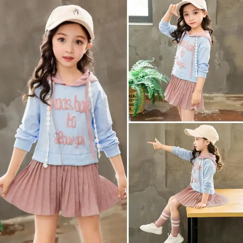 

2pcs/set Fashional Kids Girls Dresses Spring Hoodies Long Sleeve Pleated Dress Children Hooded Clothing Baby Girl Tutu Dresses