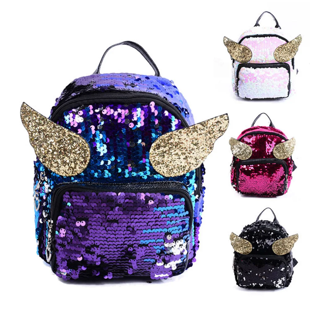 

Girls Fashion Mini Glitter Sequins Backpack Schoolbag Hot Sale Female Travel Laptop Shoulder Bag with Angel Wings