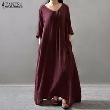 ZANZEA винтажное женское однотонное хлопковое льняное длинное платье, осеннее платье с v-образным вырезом и длинным рукавом, Повседневное платье, женский сарафан-кафтан
