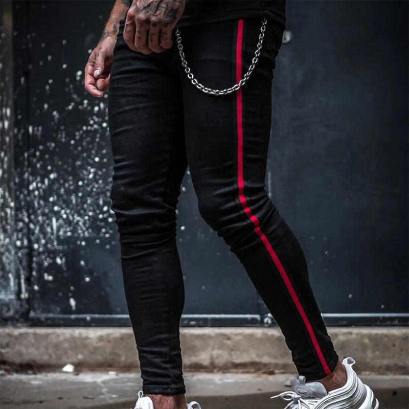 Fashion Men Casual Long Side Red Striped Print Pencil Pants Skinny