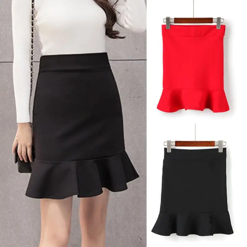 

Women's Skirts Fashion Sexy Package Hip Skirts High Waist Ruffle Mermaid Skirt Sheath Frill Hem Slim Solid Color Black Red