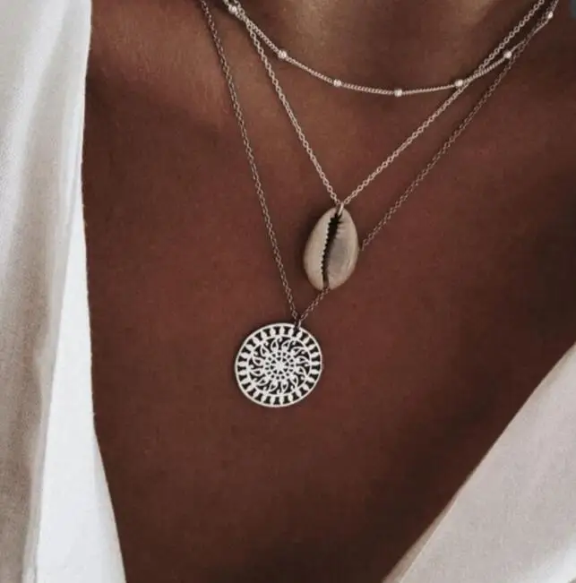 

Vintage Coin Flower Shell Pendant Necklace Women Silver Color Bead Chain Choker Necklace 2019 Fashion Jewelry Statement Collier