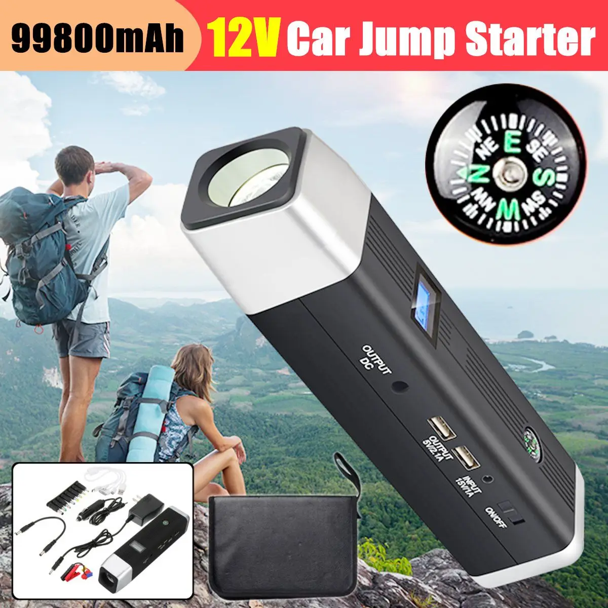 

99800mAh USB 12V 600A LED Car Jump Starter Portable Charger Battery Power Bank Car Booster Starting Device emergency hammer