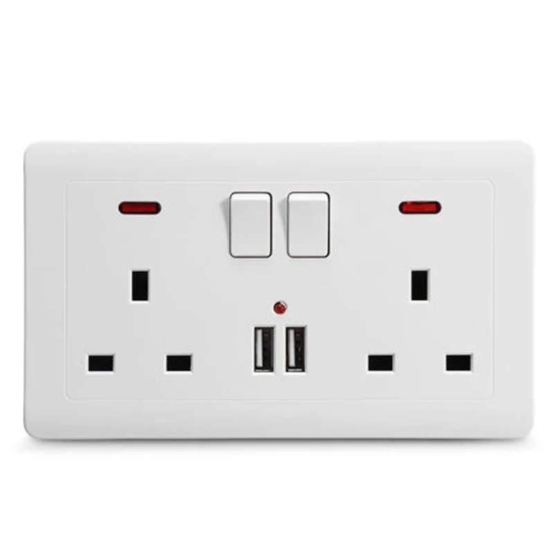 

Wall Socket Plate With 2 USB Fast Charger Ports 2 UK Plugs 2 Switch LED Light