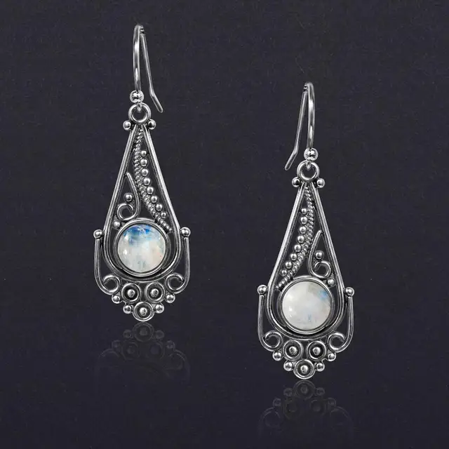 New listing 7MM round natural moonstone earrings bohemian style 925 sterling silver pendant earrings women fashion wedding party