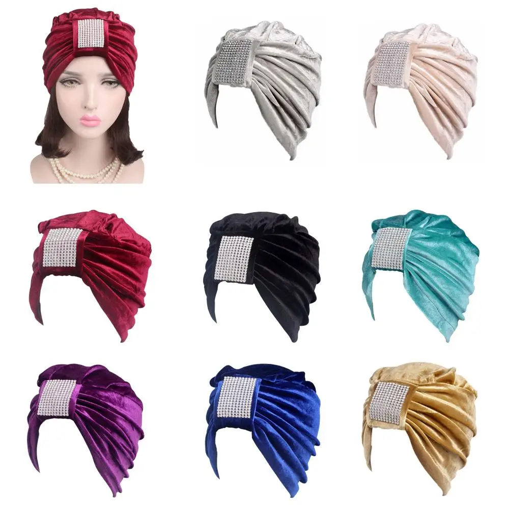 Арабский мусульманский дамская шляпа без полей Женская бархатная химиотерапия Рак шапочка головной убор тюрбан, повязка на голову головной убор со стразами плиссированная выпадение волос Новинка
