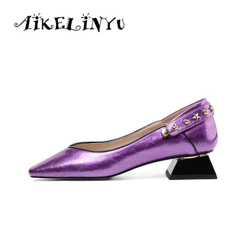 

AIKELINYU 2019 Two Kinds Way To Wear Women's Pumps Genuine Leather Purple Square Heels Office Lady Shoes Metal Decoration Pumps