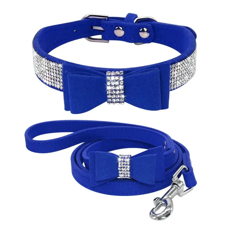 

Rhinestone Dog Collar and Leads Soft Suede Bow for Puppy Cat Small Pet