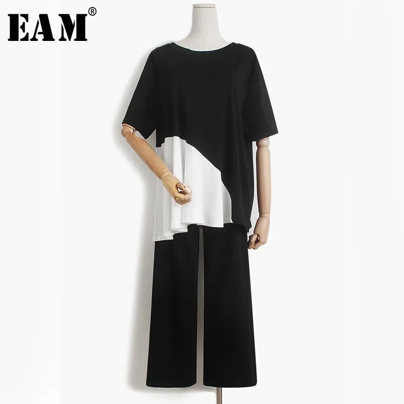 

[EAM] 2019 New Spring Summer Round Neck Short Sleeve Black Hit Color Loose Wide Leg Pants Two Piece Suit Women Fashion JT272