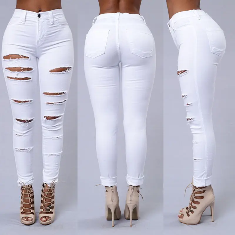 Новые обтягивающие джинсы женские узкие стрейч повседневные джинсовые обтягивающие джинсы брюки с высокой талией джинсы брюки черные белые рваные, Стретч джинсы