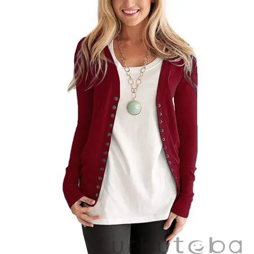 Women V-Neck Casual Autumn Solid Button Down Knitwear Long Sleeve Basic Knit Cardigan Sweater |