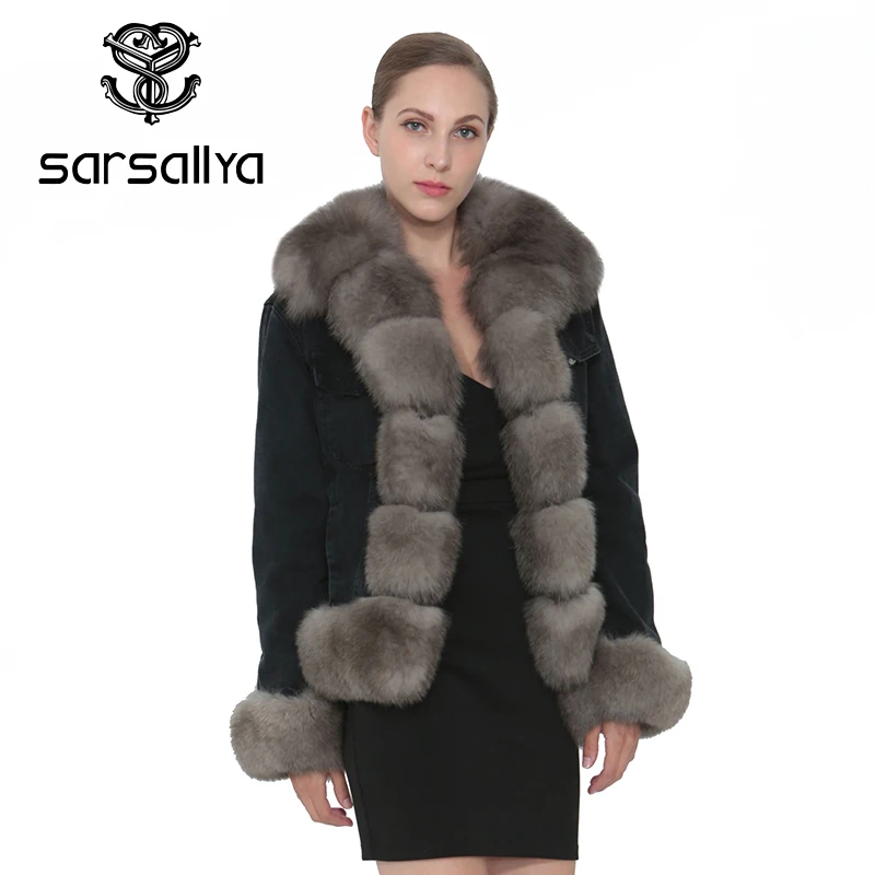 SARSALLYA натуральным лисьим мехом джинсовая куртка Модные женские туфли пальто