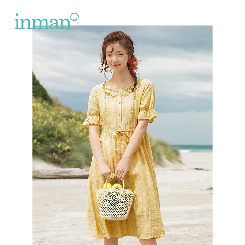 

INMAN 2019 Summer New Arrival O-neck Literary Pretty Pastoral Style Defined Waist Slim A-line Women Dress