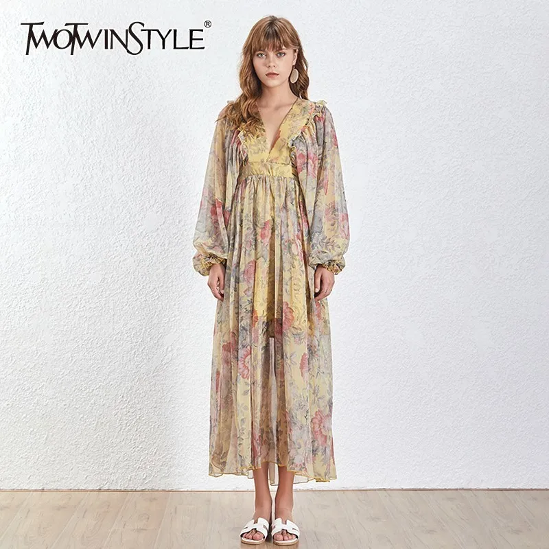 

TWOTWINSTYLE Spring Print Dress For Women V Neck Lantern Sleeve High Waist Bandage Ankle Length Dresses Female Fashion 2019