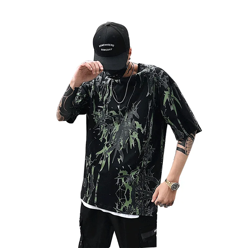 

Men's Road Summer New Tide Brand Personality Print Short Sleeve T-Shirt Men's Loose Cotton Clothes Japanese Joker Round Collar