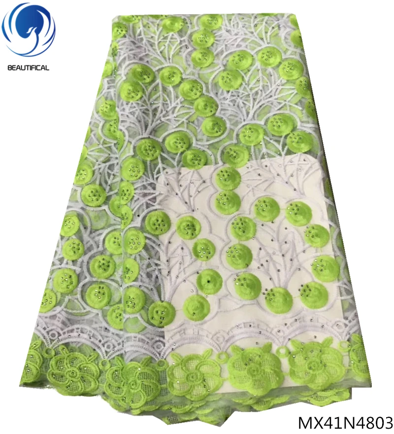 

Beautifical fabric flower lace dubai lace fabric tulle lace fabric with rhinestones green color nigerian fabrics laces MX41N48