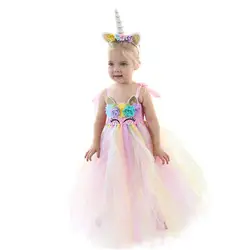 Тюлевое платье-пачка для вечерние девочек, детское платье для фотосессии, праздничный костюм единорога для девочек с повязкой на голову