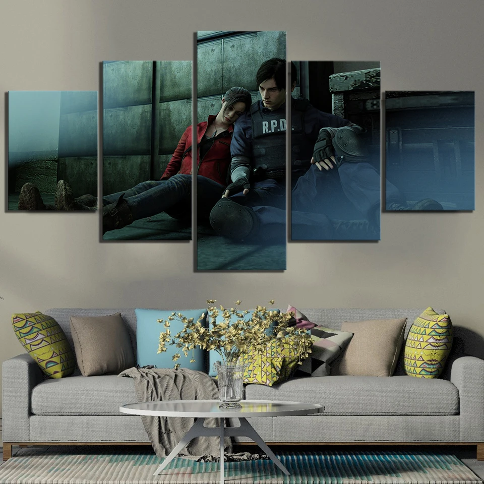 

5 Piece Biohazard Re 2 Zombies Game Poster Pictures Resident Evil 2 Poster Horror Pictures Canvas Art Decorative Paintings