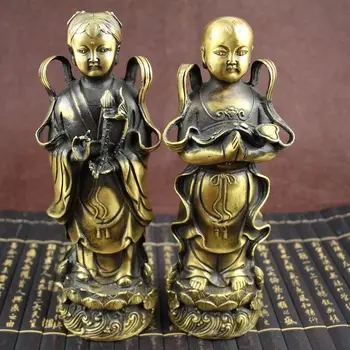 

Antique China Brass Hand Made Fengshui Boy & Girl Buddha Lotus Staue A Pair