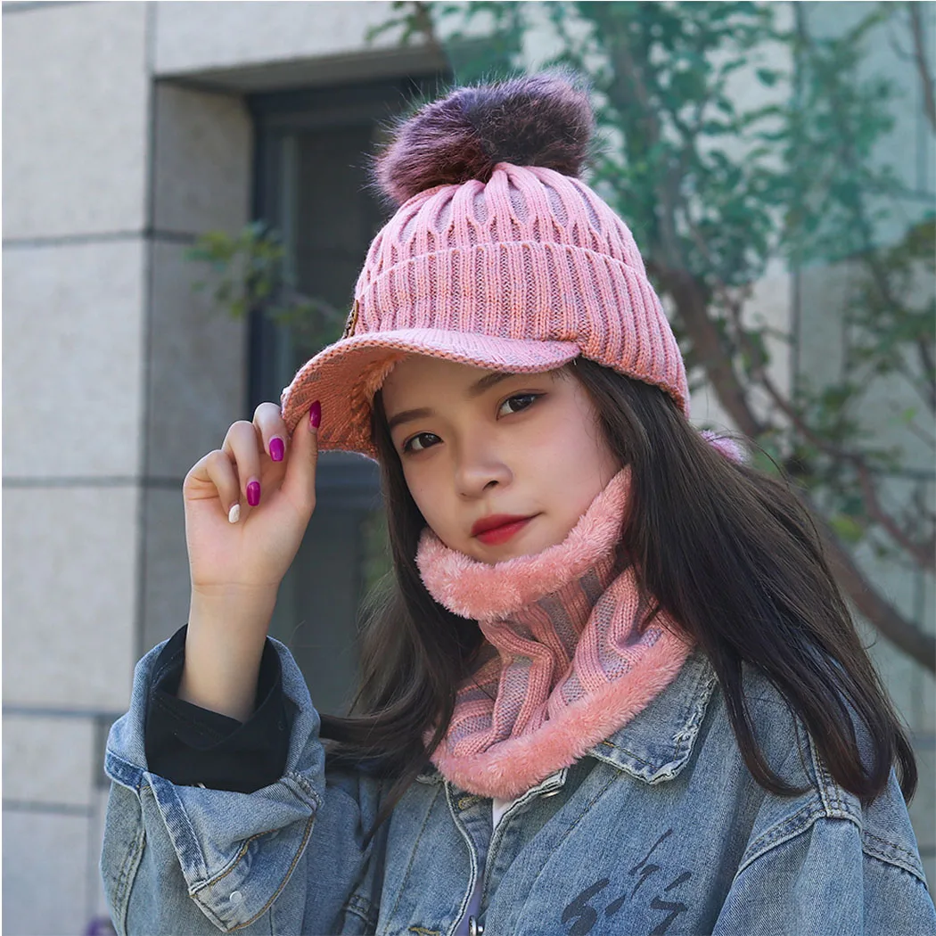 Women's Winter Scarf Hat Set Knitted Hat With Brim Warm Fleece Scarf Snood Wool Pompom Cap Ring