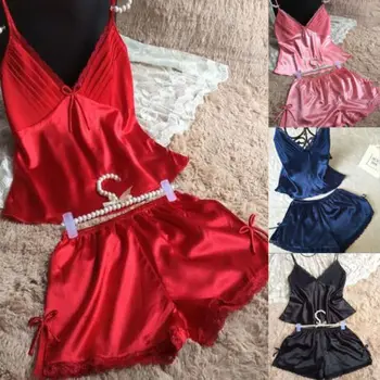 

2019 New Fashion Women 2PC Silk Satin Pajamas Set Pyjama Sleepwear Nightwear Loungewear Summer Bow Homewear Lace
