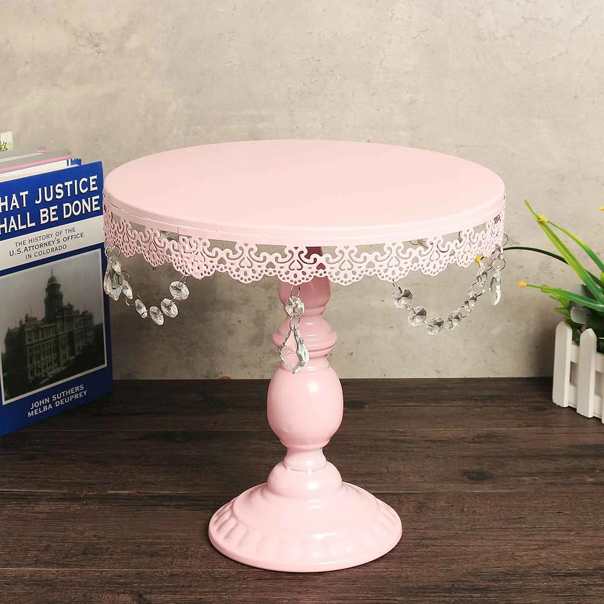  Pink Iron Crystal Pendant Cake Stand Mirror Surface Wedding Dessert Tray Cupcakes Fruits Cookies Pa