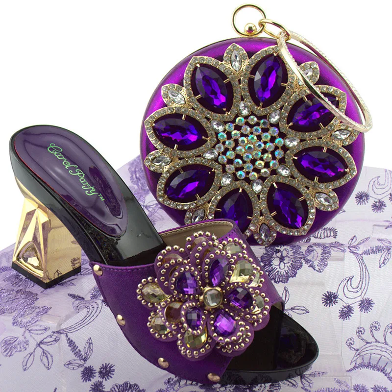 

qsl001 Latest purple Color Rhinestone Shoes And Bag To Match Set Nigerian Elegant Ladies High Heels Shoes And Bag Set For Party