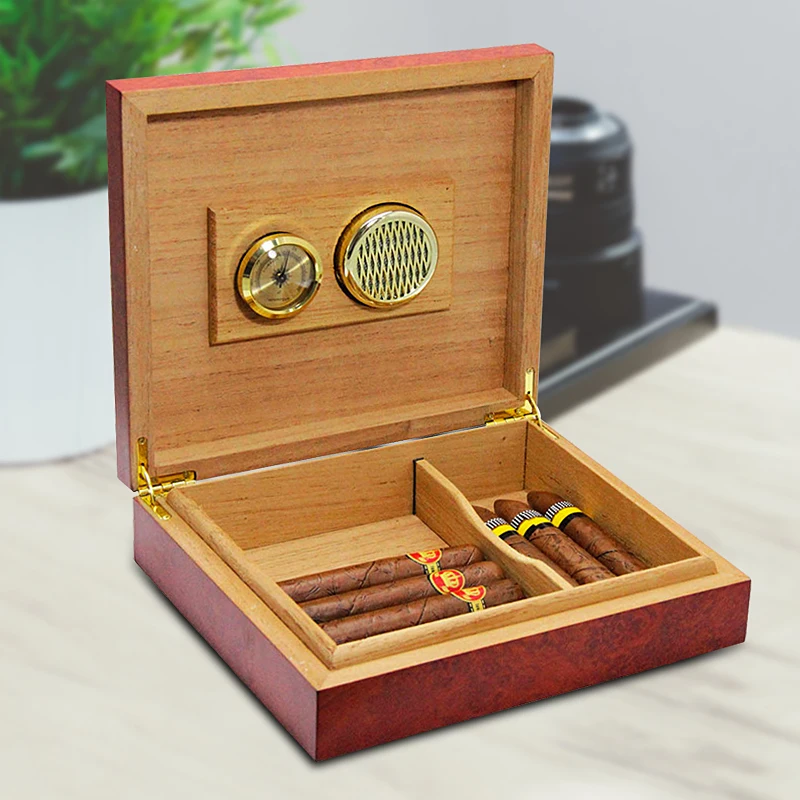 20 Count Brown Cedar Wood Lined Cigar Humidor Humidifier With Hygrometer Case Box with Moisture Meter Moisturizing Device