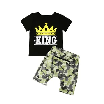 

2019 New Baby Boys Clothes Set Toddler Kids Letter Crown Print Tops T-shirt+Camo Short Pants Summer Children Outfits Set Clothes