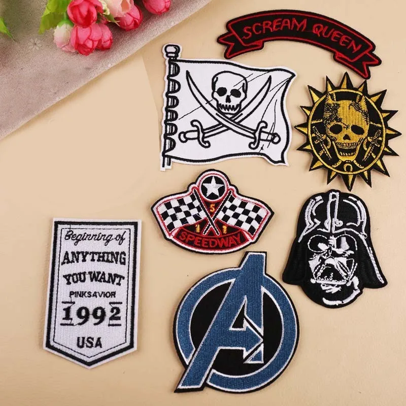 

PGY Punk Sun skeleton Embroidered Patches Iron On Pirate flag Space Appliques 3D Diy Letter Soldiers Badges Coats Hats Decor