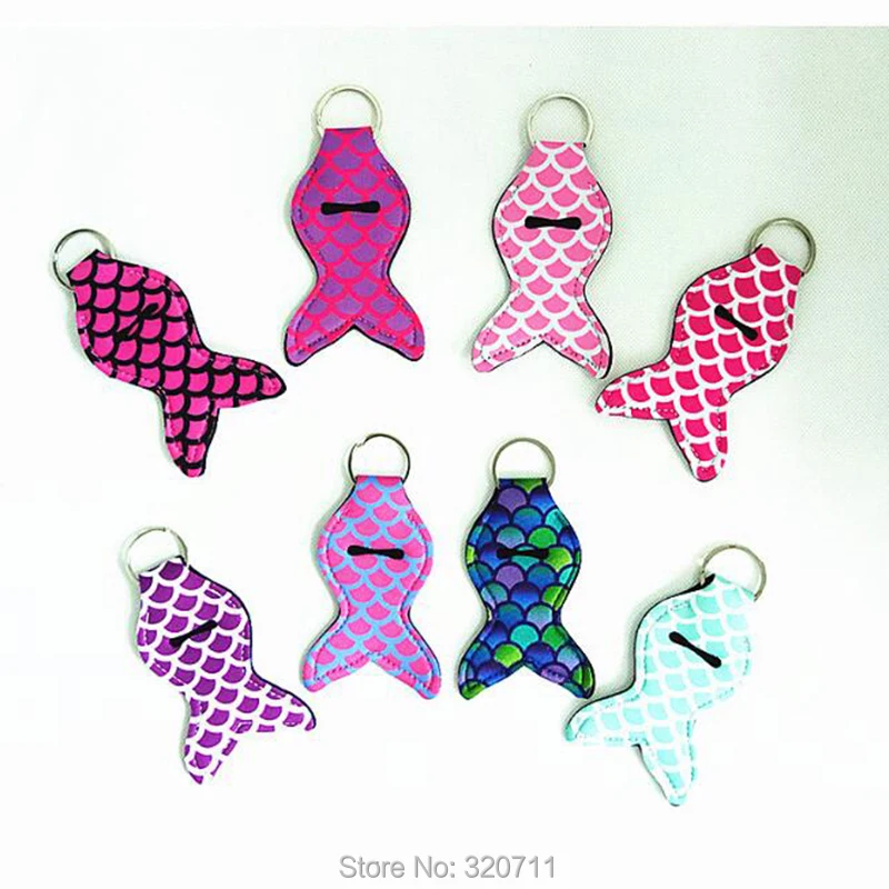

100pcs/lot free shipping mermaid chapstick holder new arrival high quality mermaid tail keychain holders neoprene gift
