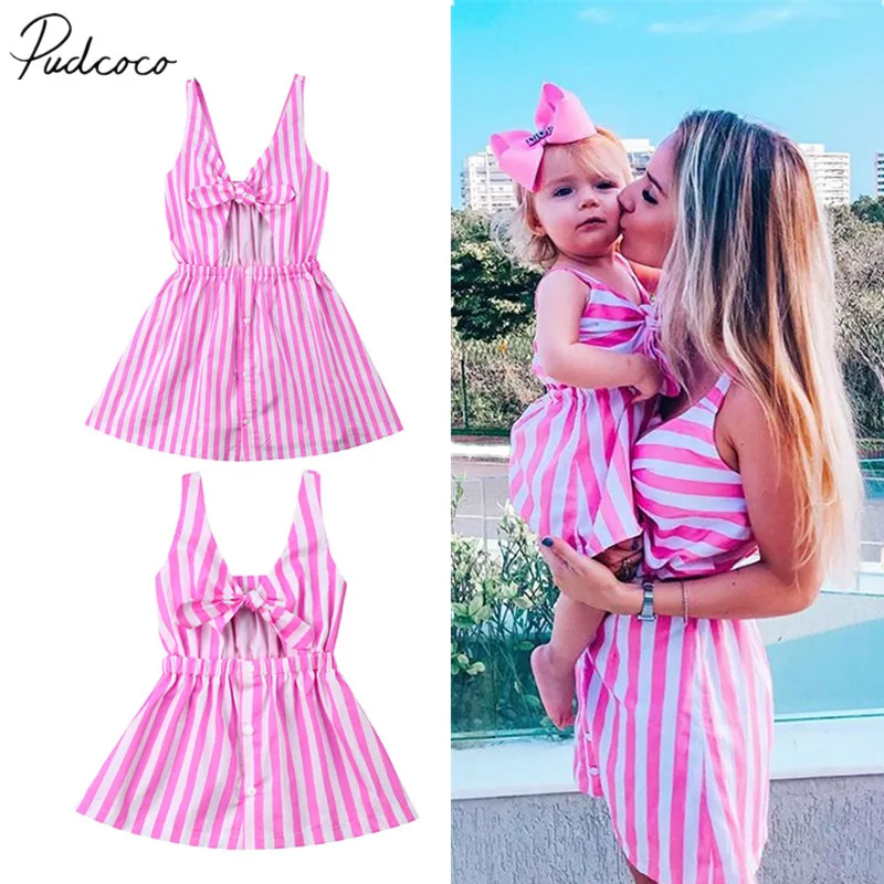 Brand New Mom and Daughter Girl Cute Summer Family Dress Sleeveless Bowknot Pink Striped Knee-Length A-Line Dress Sundress